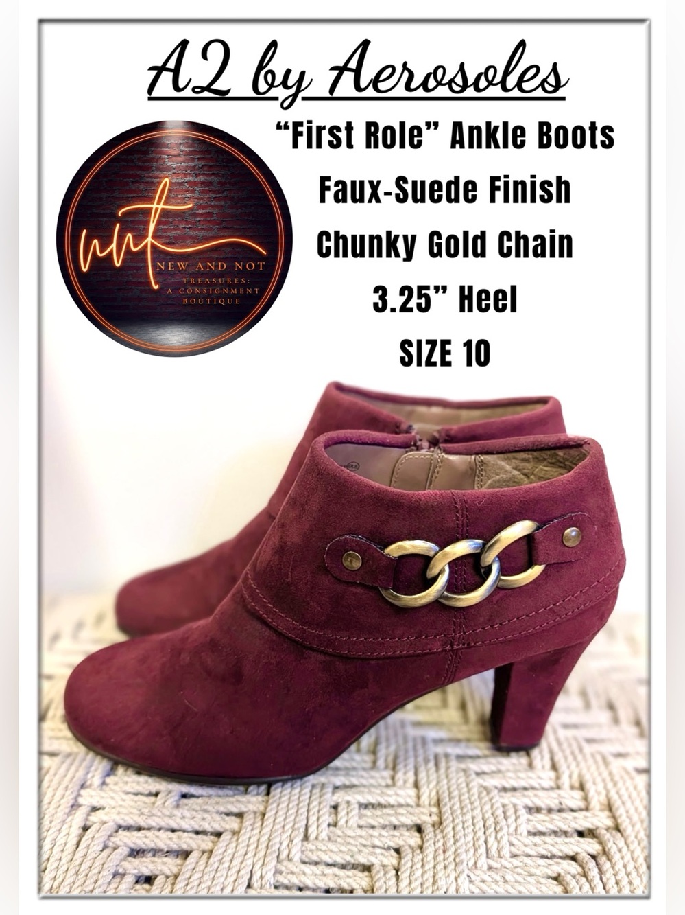 A2 by Aerosoles First Role Burgundy Faux Suede Ankle Boots Gold Chain Size 10